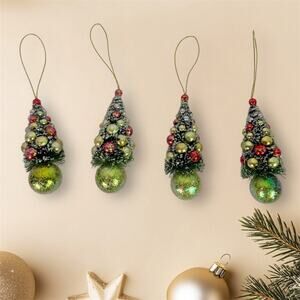 Lot of 4 Sparkling Bottle Brush Christmas Tree Ornaments 5" Tall Decor Holiday